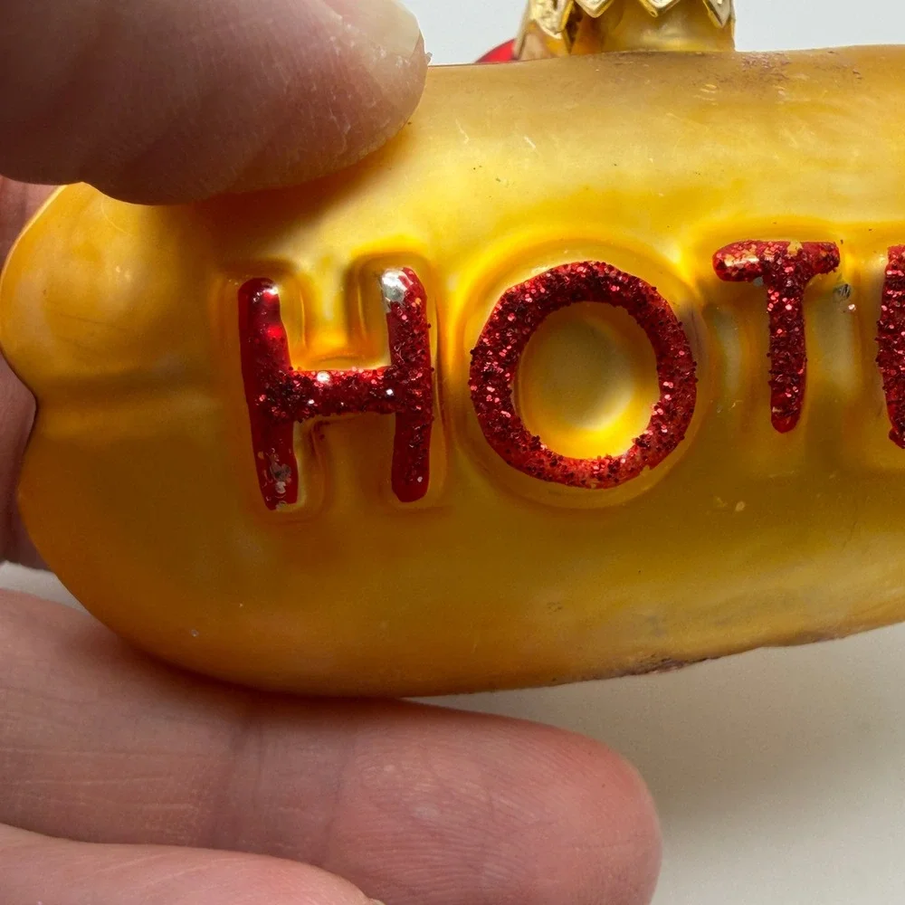 Vintage Hot Dog Glass Christmas Ornament with Ketchup Bottle Charm Red Gold